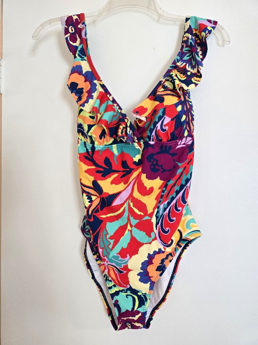 NWT Tahari Multicolor Floral Ruffle V-Neck One Piece Swimsuit Size Small